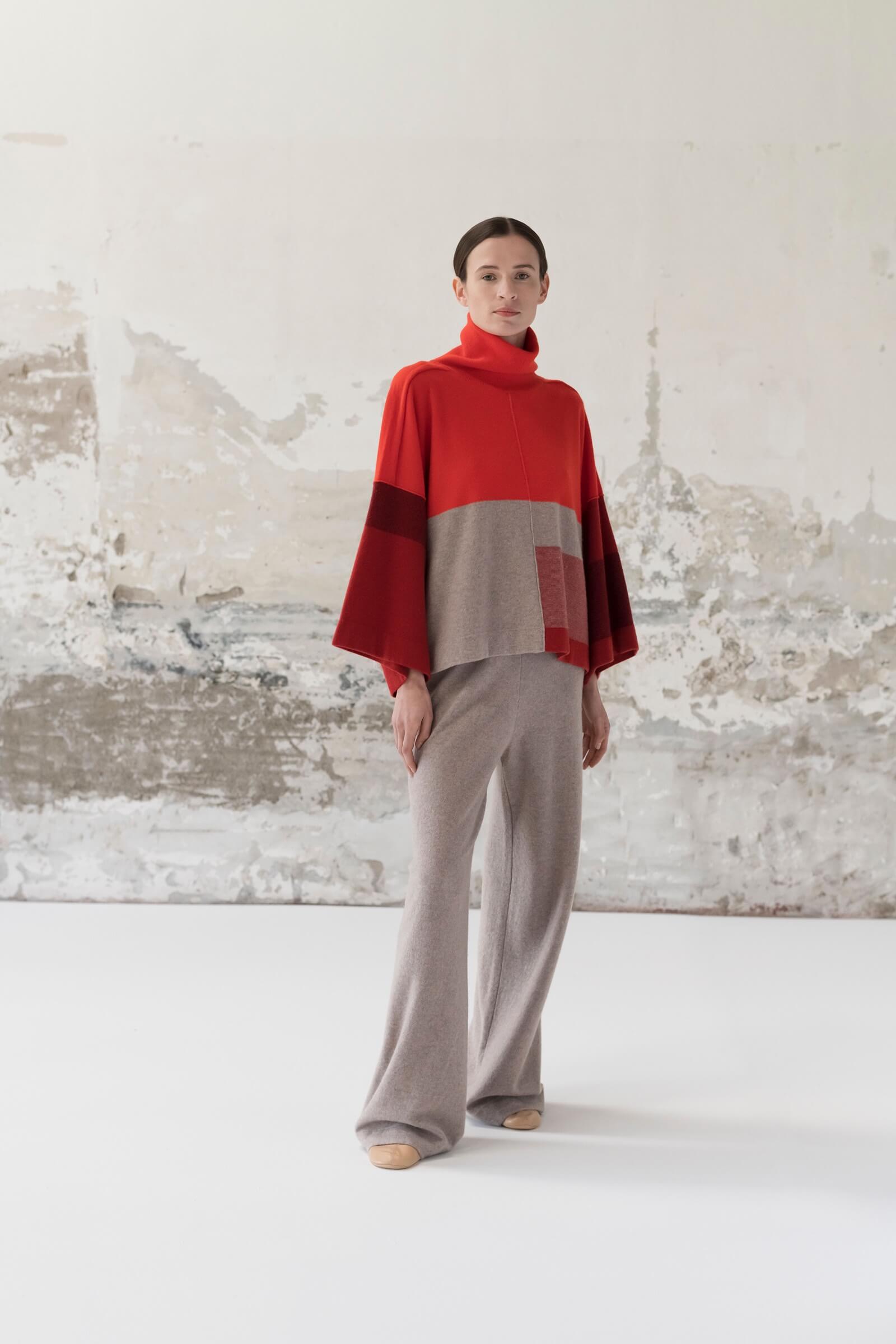 Cashmere patchwork high neck kimono sweater cashmere long knit trousers