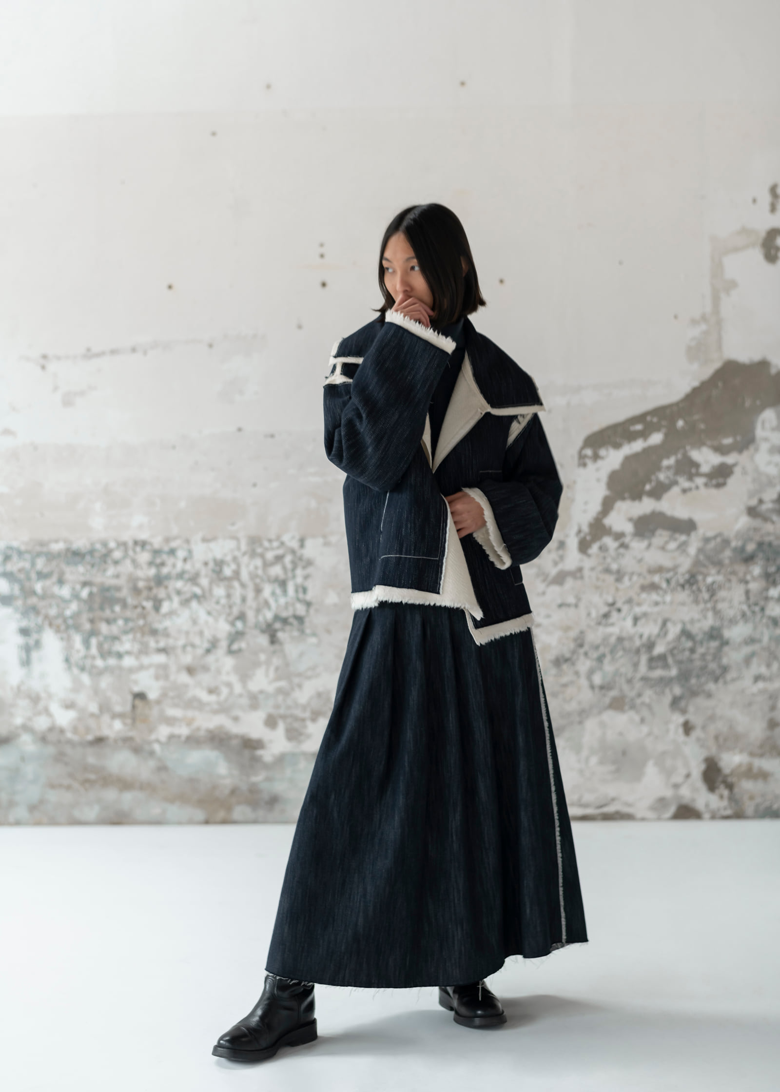 virgin wool cotton reversilble jacket cashmere high neck kimono sweater cotton wool belt pleated skirt with row edge 4